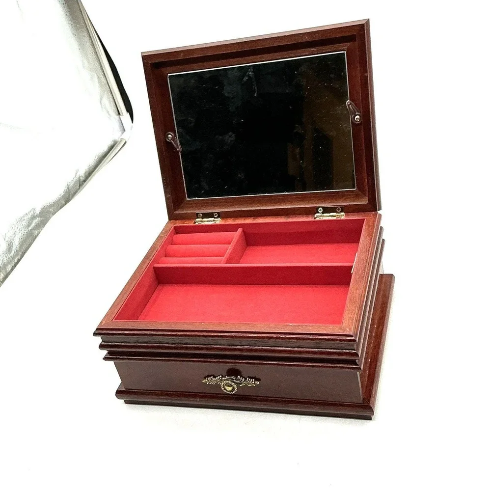 Vintage Ladies Walnut Finish Jewelry Box w Mirror Photo‎ Frame New in Box